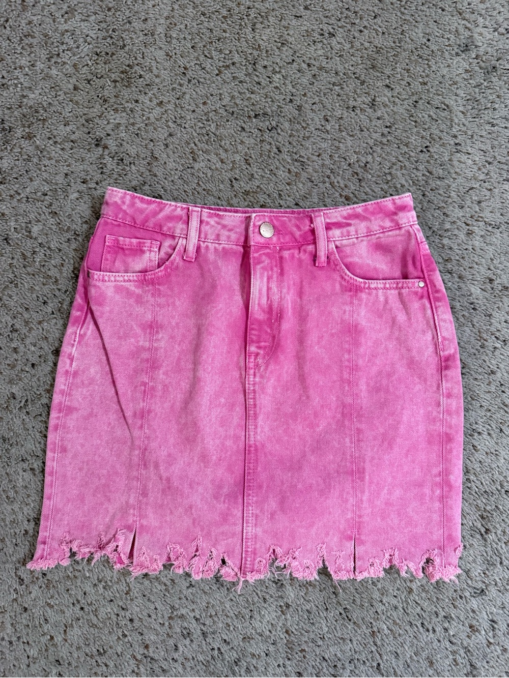Zara Hot Pink Acid Wash Distressed Denim Mini Skirt - Casual Frayed Hem
